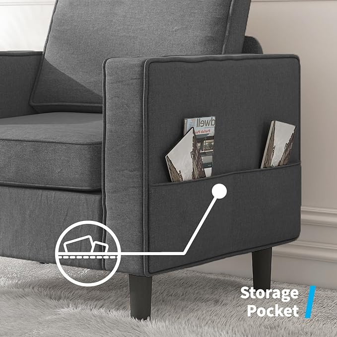 Mjkone Armchair Accent Chair with Storage Pockets Modern Single Sofa Chair for Living Room/Apartment/Small Spaces/Bedroom - Dark Grey