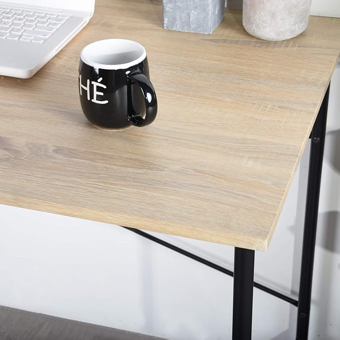 Modern Computer Desk with Light Wood Top 47.2 x 23.6 Writing Table Black Metal Frame with Cross Brace Minimalist Home Office Desk for Study or Workstation or Entryway