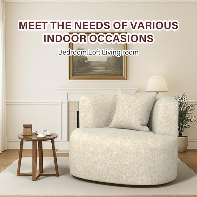 Swivel Accent Chair 360°Soft Accent Chairs Chenille Upholstered Living Room Chairs with Pillow and Curved Backrest No Assembly Arm Chair for Living Room/Bedroom/Office (White)