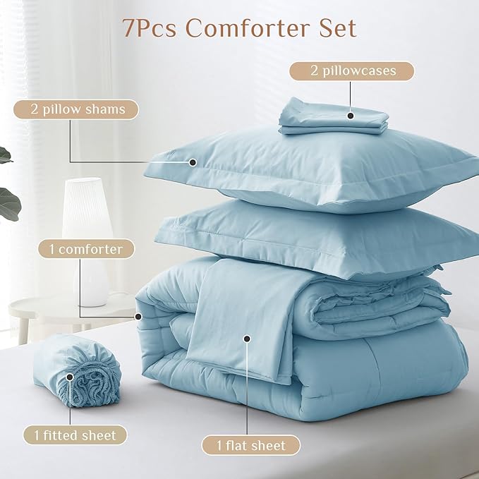 JOLLYVOGUE King Comforter Set Ultra-Soft Bed in a Bag King Size 7 Pieces Oeko-TEX Certified Bedding Set with Down Alternative Comforter Sheets Pillowcases &amp Shams Lake Blue