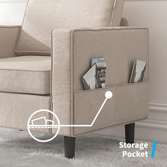 Mjkone Armchair Accent Chair with Storage Pockets Modern Single Sofa Chair for Living Room/Apartment/Small Spaces/Bedroom - Beige
