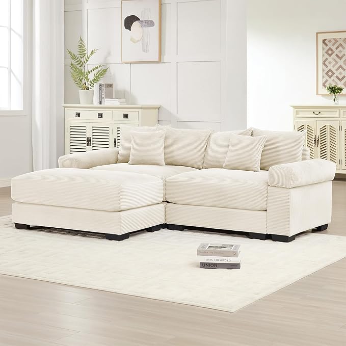 92 Corduroy Sectional Couches for Living Room Beige Comfy Oversized Sectional Sofa Set with Deep Seat Large Love Seat Couches with 1 Ottoman Sofas para Sala Loveseat Couch with Chaise Lounge