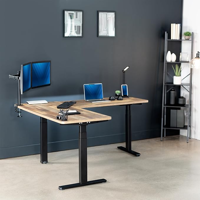VIVO Electric Height Adjustable 67 x 60 inch Corner Stand Up Desk 2 Reclaimed Wood Solid Table Tops Black Frame Memory Controller L-Shaped Workstation 3E Series DESK-KIT-3E6BP