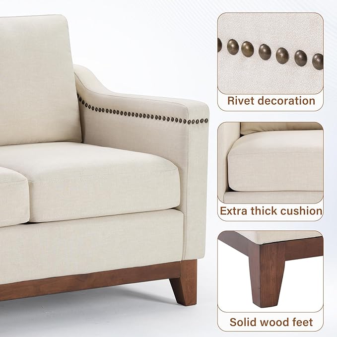 Vintage 2-Seater Upholstered Loveseat Sofa Set of 2 with Nailhead Trim High-Density Foam Cushion &amp Solid Wood Legs Soft Fabric Couch for Small Spaces Beige