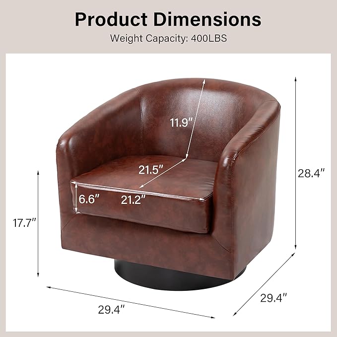 Swivel Barrel Accent Chair Modern Round Faux Leather Arm Chair for Living Room Bedroom Comfy Club Reading Chairs for Adults(Faux Leather Red Brown Set of 1)