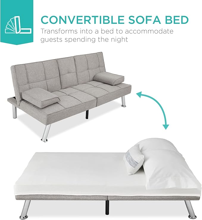 Best Choice Products Linen Modern Folding Futon Reclining Sofa Bed for Apartment Dorm w/Removable Armrests 2 Cupholders - Light Gray