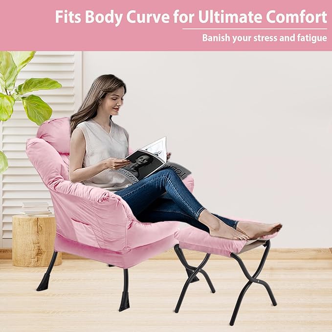 Lazy Chair with Folding Ottoman Accent Chair Velvet Upholstered with Metal Structure and Non-Slip Pads Sofa Armchair with Footrest and Side Storage Bag for Dorm Room Office Pink