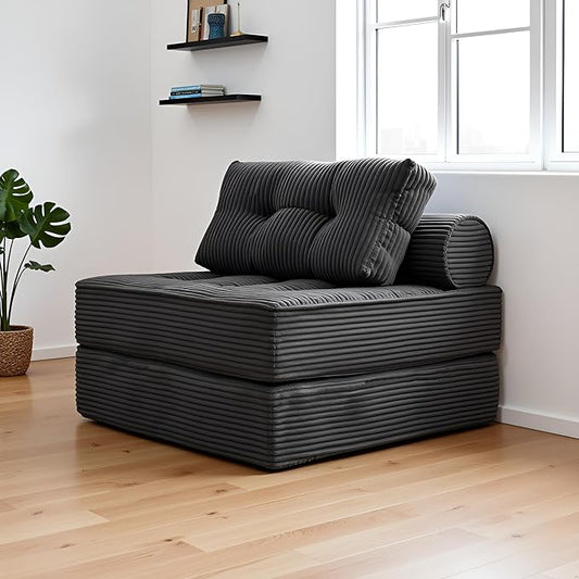 Folding Sofa Bed Convertible Couch Chair with Pillow Boneless Velvet Foldable Sleeper Sofa with Back Support Portable Fold Out Lounger for Living Room Apartment &amp Dorm Dark Grey Corduroy | Lu