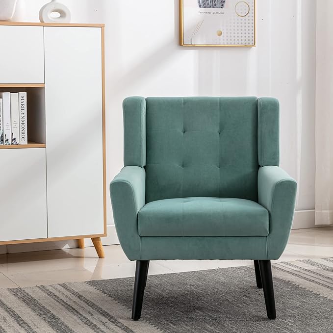 Dolonm Midcentury Modern Velvet Accent Chair with Arms Upholstered Reading Side Chair Tufted Back Decorative Wingback Chair for Living Room Bedroom (Mint Green)