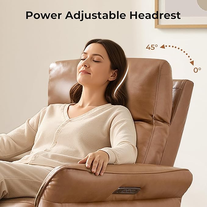 CHITA Genuine Leather Power Recliner Chair Electric Triple-Motor Swivel Glider Nursery Rocking Chair with Adjustable Power Headrest and Lumbar Support GREENGARD Gold Certified Saddle Brown