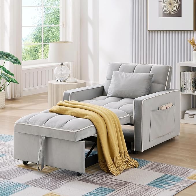 35-inch Futon Sofa Chair with Pull Out Bed Modern Tufted Velvet 3 in 1 Convertible Sleeper Sofa Chair with a Pillow for Small Space Living Room Apartment Bedroom Grey