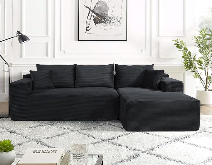 Ridge 2-Piece Convertible Corduroy L-Shaped Sofa in a Box with Pillows 3-Seater Modular Sectional Couch Compressed Living Room Furniture Black (Right Facing)