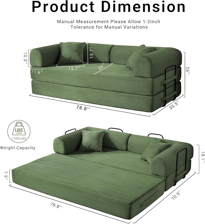 Compressed Sofa Convertible Sofa Bed Corduroy Compression Boneless Couch with Pillow Comfy Modular Foldable Floor Sleeper Sofa for Bedroom Living Room Lounge Studio (Olive Green)