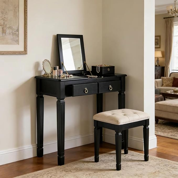 LEEMTORIG 31.5 Solid Wood Small Vanity Desk with Flip-top Mirror Compact Wooden Writing Desk with Drawers 3 in 1 Secretary Desk/Dressing Table/Nightstand for Small Space Black SZT-D0036-BK