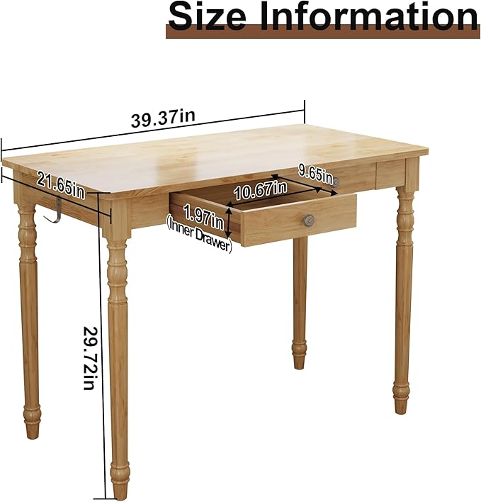 Solid Wood Desk with Drawers - 40 Inch Writing Desk with Drawers Mid Century Modern Desk with 2 Hooks Rubber Wood Study Table for Bedroom Living Room &amp Office Natural Boho Desks