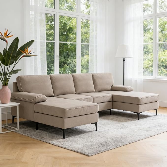106 U-Shape Sectional Couches with Double Chaise Upholstered Sofa with Polyester Blend Fabric Modern 4 Seat Modular Sofa with Sturdy Metal Legs for Living Room Apartment Khaki