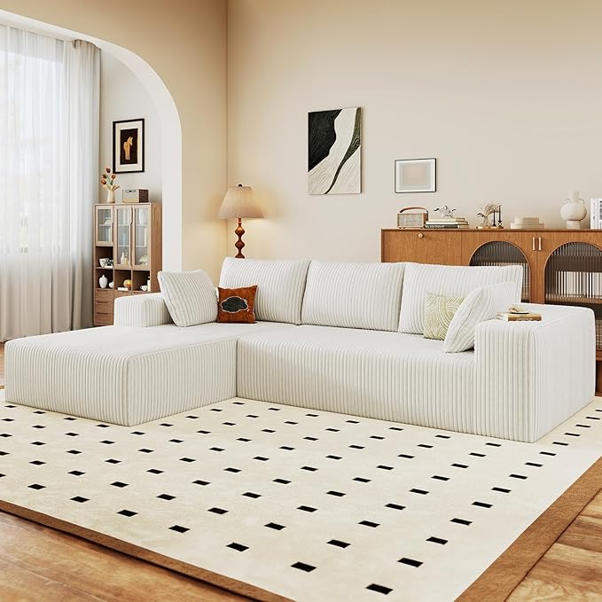 96 Modular Sectional Sofa Modern Corduroy Cloud Couch with Deep Seat Boneless Couch Upholstered 3-Seater L-Shaped Sofa for Living Room No Assembly Required (White Left-Facing Chaise)