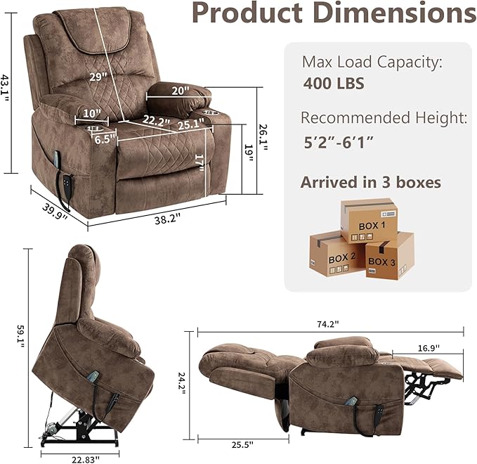 Oversized Power Lift Recliner Chair for Big and Tall 25 Large Electric Recliner Chair with Massage and Heating Dual Motor Zero Gravity Recliner Sofa Velvet Brown