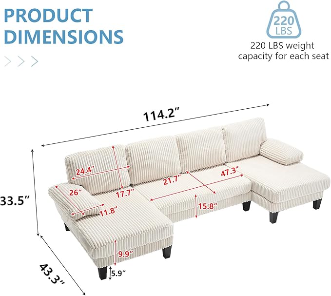 114 Cloud Couch Modular Sectional Sofa Convertible U-Shaped Sofas Couches with Double Chaise Lounge Corduroy Upholstery Sofa Double Cushions Deep Seat Couchs for Living Room White