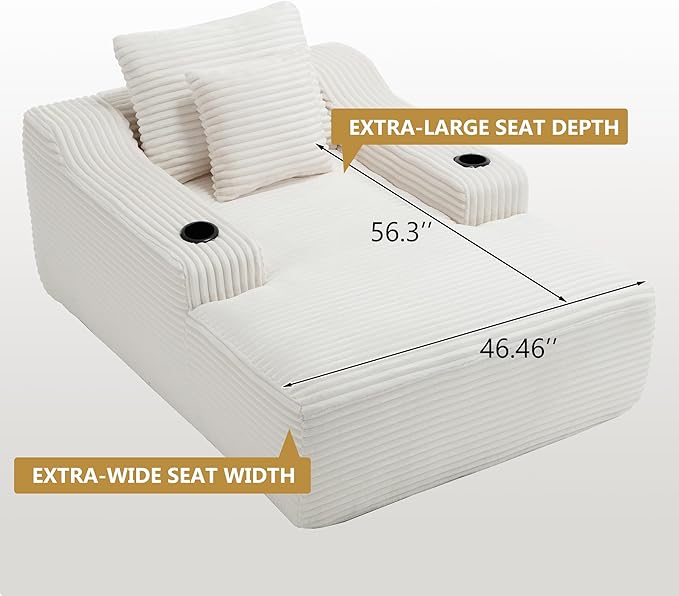 67inch Chaise Lounge Chair Indoor Upholstered Corduroy Couch with 2 PillowsComfy Fluffy Cloud CouchSingle Sleeper Sofa Chair for Livingroom (White 46.5W X 67D with Cup Holder)