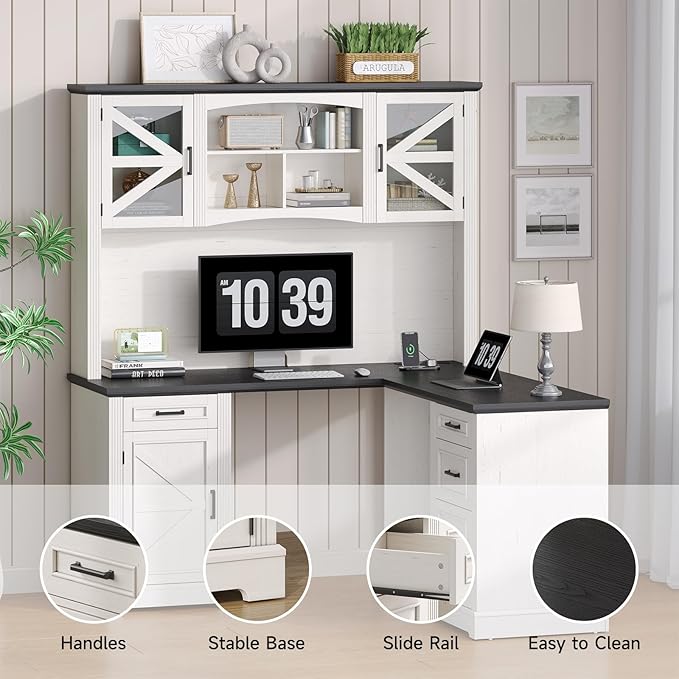 ONBRILL 72 L-Shaped Executive Desk with Hutch Farmhouse L-Shaped Computer Desk with 4 Drawers File Drawer and Power Outlet Home Office Computer Desk for Living RoomStudy Room (Off White&amp Blac
