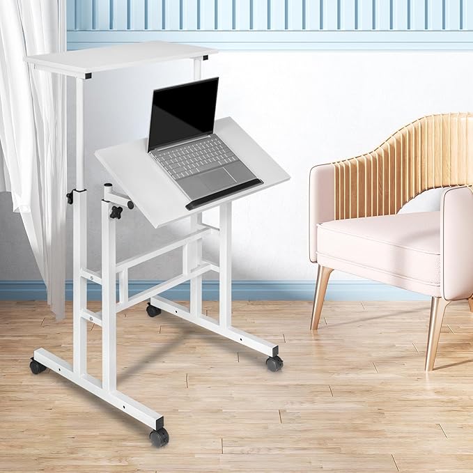 Small Standing Desk Adjustable Height and Angle Computer Laptop Desk Home Office Sit Standup Desk Portable Rolling Desk with Wheels 2 Platforms White