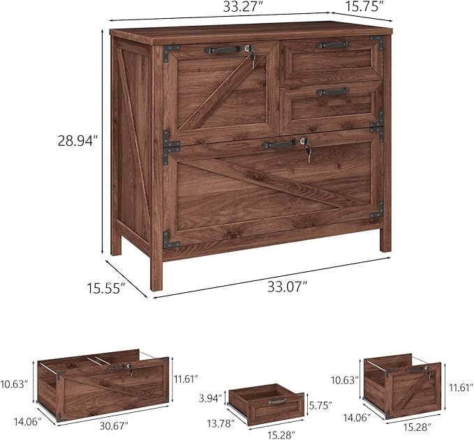 Lateral File Cabinet with 4 Drawers Farmhouse File Cabinet for Letter/Legal/A4 Size Hanging Files Large Wood File Storage Cabinets Printer Stand for Home Office Cabinets Brown with Lock