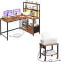HOOBRO 2-Tier Printer Stand and L Shaped Gaming Desk Bundle Reversible Computer Desk with LED Light &amp Power Outlet for Home Office Study Rustic Brown and Black BF38UPS01-BF18UDDN01
