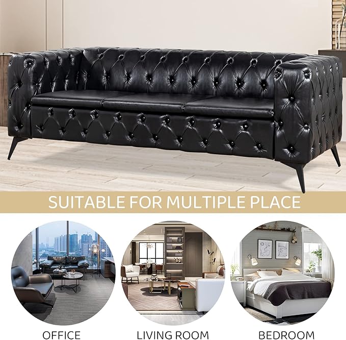 Black Couches for Living Room Modern Tufted Chesterfield Sofa Deep Seat Comfy Faux Leather Sofa Tight Pleated Rolled Arms 85” 3 Seater Sofas for Bedroom Office