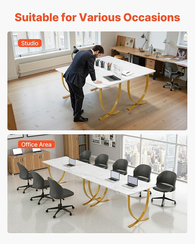 VEVOR Executive Desk 63 W x 31.5 D Large Office Desk Modern Computer Table Conference Meeting Room Table Business Furniture Enlarged Desktop for Home Office White and Gold