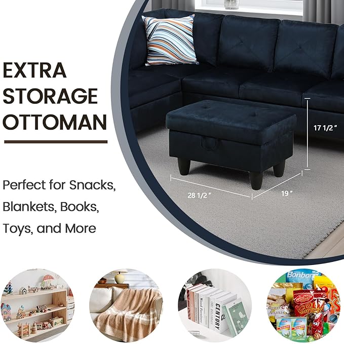 Sectional Couches for Living Room Furniture Sets 4 Seat L Shaped Couches with Ottoman Modular Sectional Sofa for Apartment Furniture Sets Dark Blue