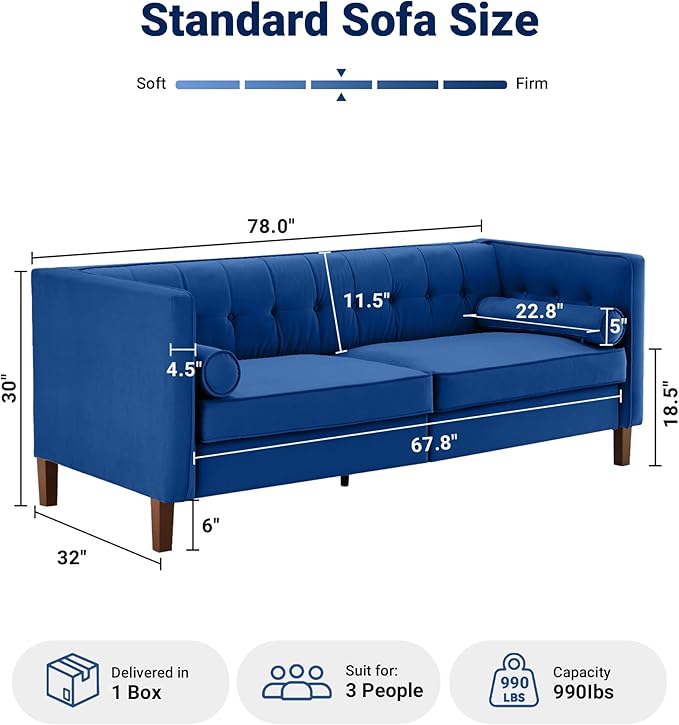 Kingfun 78 Couch for Living Room Mid Century Modern Sofa Velvet Loveseats with Bolster Pillows Home Sofa for Bedroom Blue