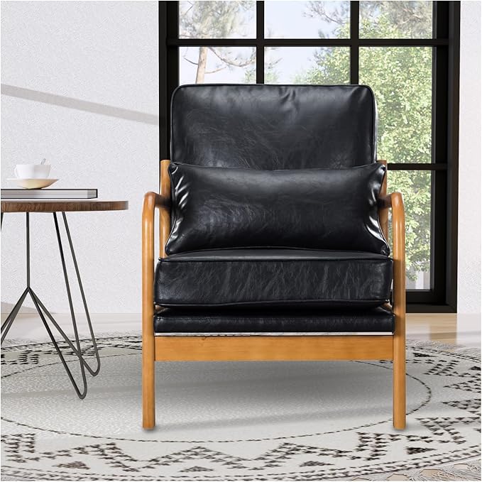 Leather Armchair with Wood Frame Waist Cushion Mid Century Modern Comfortable Single Person Sofa Chair Armrest Reading Accent Chairs for Living Room Bedroom (Black)