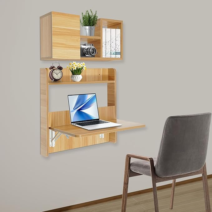 Floating Desk 36’’H Wall Mounted Desk Solid Wood Fold Down Laptop Desk with Foldable Tabletop Folding Table Workstation with Storage Shelves&ampDoor(Light Walnut)