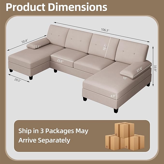 Nuturelly Nutually Sectional Couches for Living Room Convertible U-Shaped Sofa Couch with Double Chaise 4 Seat Sofa Set Modular Sofa Couch with Linen Fabric for ApartmentDark Khaki