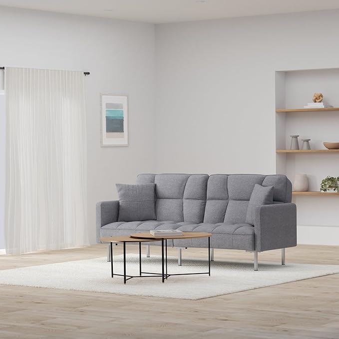 Best Choice Products Convertible Linen Fabric Tufted Split-Back Plush Futon Sofa Furniture for Living Room Apartment Bonus Room Overnight Guests w/ 2 Pillows Wood Frame Metal Legs - Dark Gray