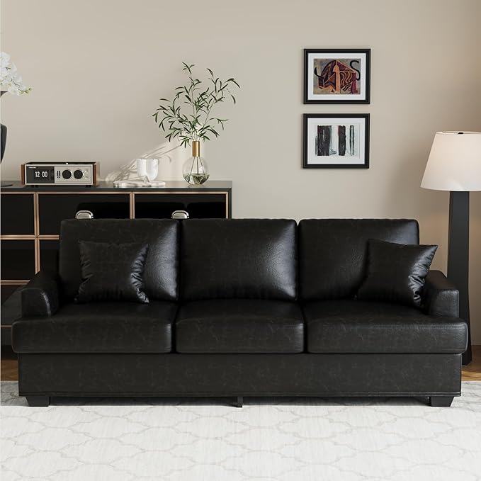 IDEALHOUSE Modern 86 Leather Sofa with 2 Throw Pillows Deep Seat Couch with Upholstered Cushion &amp Removable CoverComfy Faux Leather Sofa Couch for Small Space Apartment Lounge Black