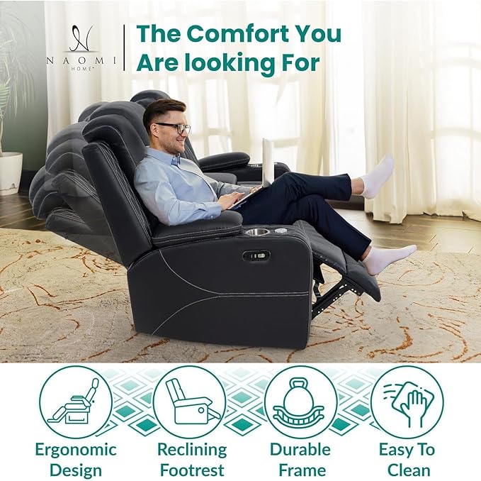 Chicago Home Theater Recliner Chair – Bluetooth Speakers Wireless Charging Power Recline Adjustable Headrest LED Lighting Cup Holders &amp Premium Faux Leather for Ultimate Comfort