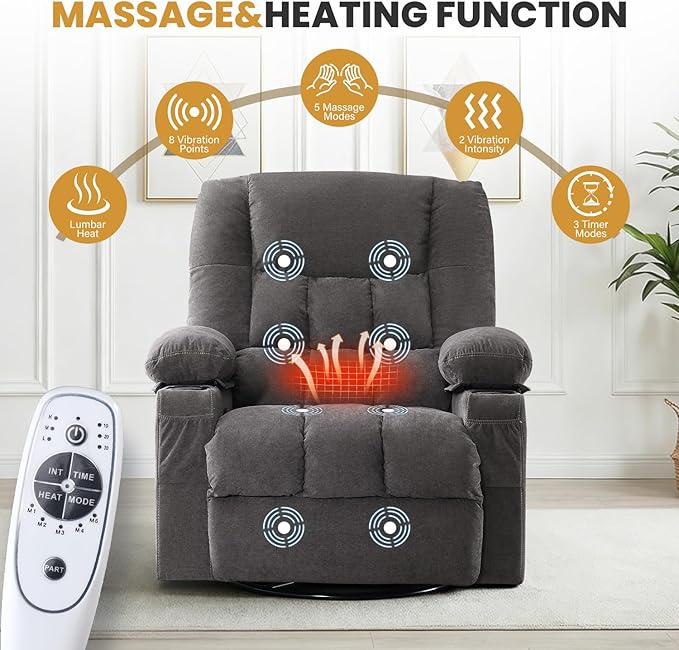Swivel Recliner Chair for Adults with Vibration Massage and Lumbar Heat Ergonomic Rocking Chair for Living Room and Bedroom Featuring Side Pocket 2 Cup Holders &amp USB Charge Port