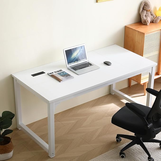 Large Computer Desk - 63 Inch Home Office Desks Study Student Writing Table Gaming Desk Wood Modern Simple Table with USB Ports White