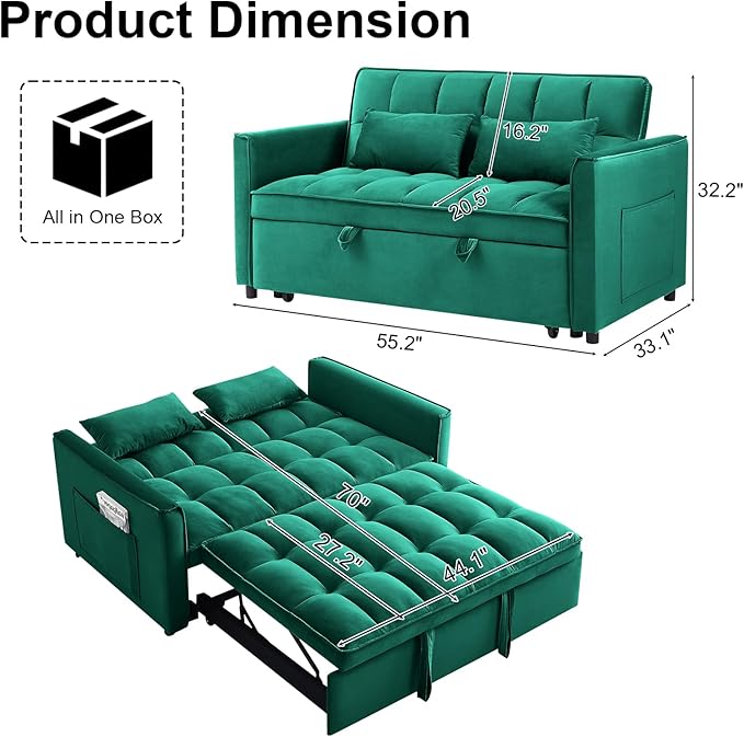 Dreamzie 3 in 1 Convertible Sleeper Sofa Bed 55'' Loveseat Sleeper Sofa Pull Out Couch Bed with Side Pocket &amp Adjustable Backrest for Living Room Velvet Fabric Green