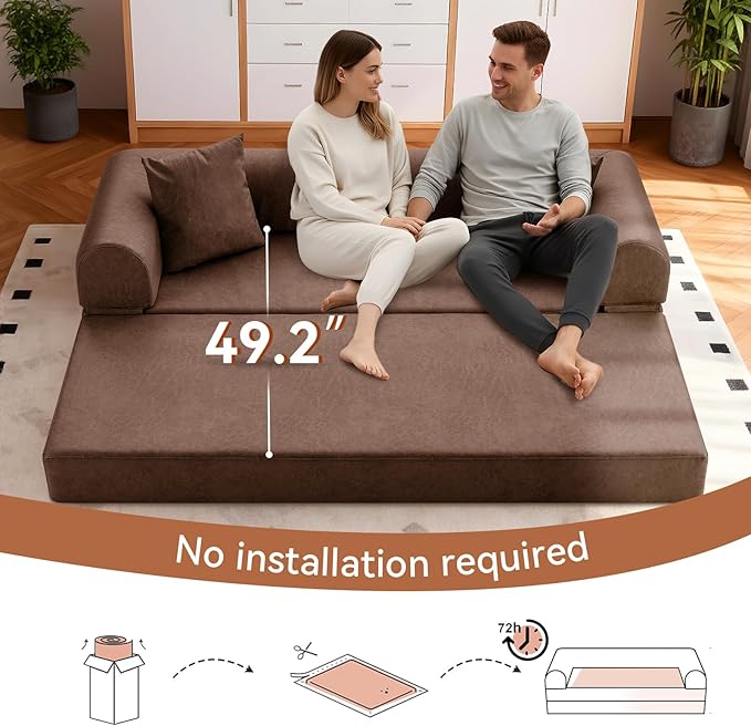 4-in-1 Folding Convertible Sofa Bed 78 Inch Faux Leather Boneless Couch Loveseat Sleeper with Pull Out Bed Floor Sofa Modular Futon Teddy Sofa for Living Room Bedroom Lounge Brown