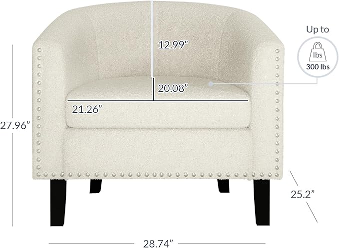 BELLEZE Accent Barrel Chairs Set of 2 Modern Tub Club Chairs Upholstered Armchairs for Living Room Accent Chairs with Silver Nail Head Trim Black Legs - Kyara (White/Polyester)