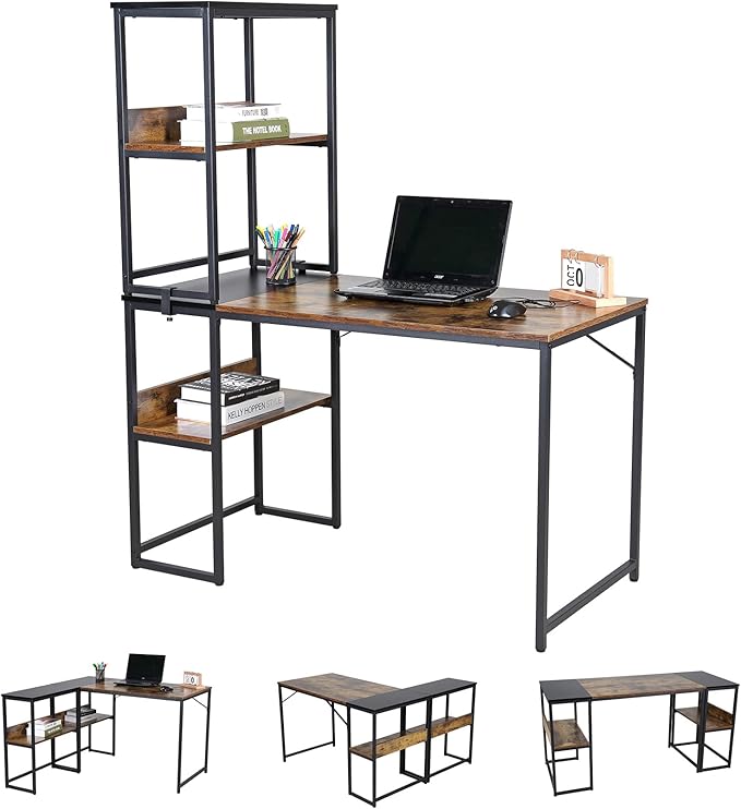 UNICOO® 3 Combination L Shaped Corner Desk with Shelves Computer Desk with Drawers Home Office Writing Study Bookshelf Desk Combo Multi-Function 4 Tier Reversible Storage Bookshelf (XJH-2402)