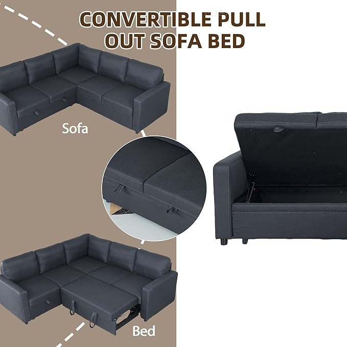 Sleeper Sofa Couch with Pull Out Bed L Shaped Couch Bed with Storage Sectional Sleep Couches Convertible Sleeper Sofa Beds W/Reversible Chaise&ampBack Cushion for Living Room Grey