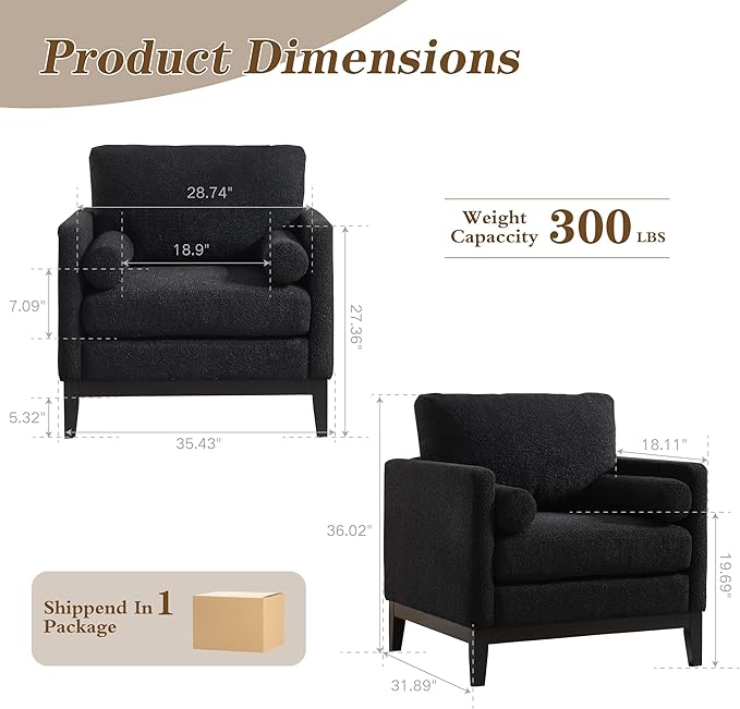 Mlmh &amp Kngwa 35.43 W Modern Accent Chair for Bedroom Upholstered Accent Chairs Single Sofa Chair with Wood Black Finish Legs Comfy Armchair for Living Room Office Black