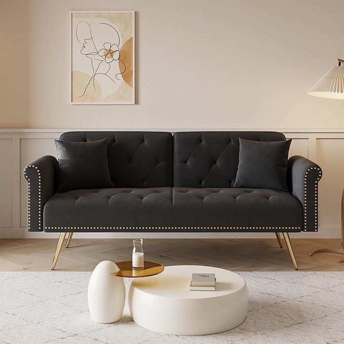 69.7'' Convertible Velvet Sleeper Sofa Bed Upholstered Futon Couch with Nail Head Trim and 2 Matching Throw Pillow for Living Room Bedroom Home Office (Black)