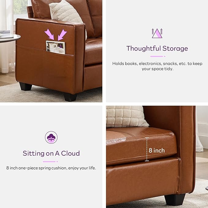 TYBOATLE 88 W Faux Leather Couches for Living Room w/Side Pockets Mid-Century Modern Tufted Comfy Leather Couch w/USB and Wider Arms 3 Seater Sofa for Office Apartment Bedroom