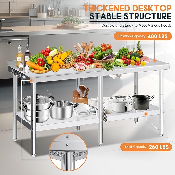 Jocisland 30 x 72 Stainless Steel Table for Prep &amp Work NSF Certified with Backsplash Adjustable Under Shelf &amp Safe Design for Restaurant Home and Outdoor