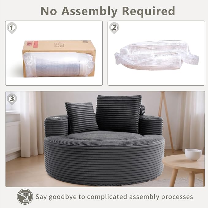 55 Oversized Round Boneless Couch Sofa Velvet Memory Foam Cloud Couches Lounge Chair Comfy Fluffy Single Sofa with 3 Pillows for Living Room Bedroom No Assembly Required (Grey +Velvet)